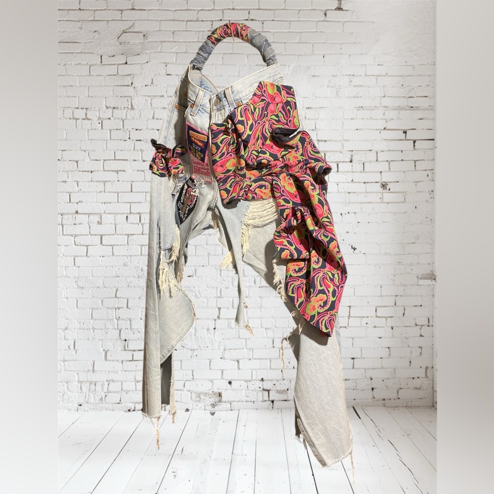 Colorful Paisley Accessorized material Distressed Jeans hobo bag. Thick handle